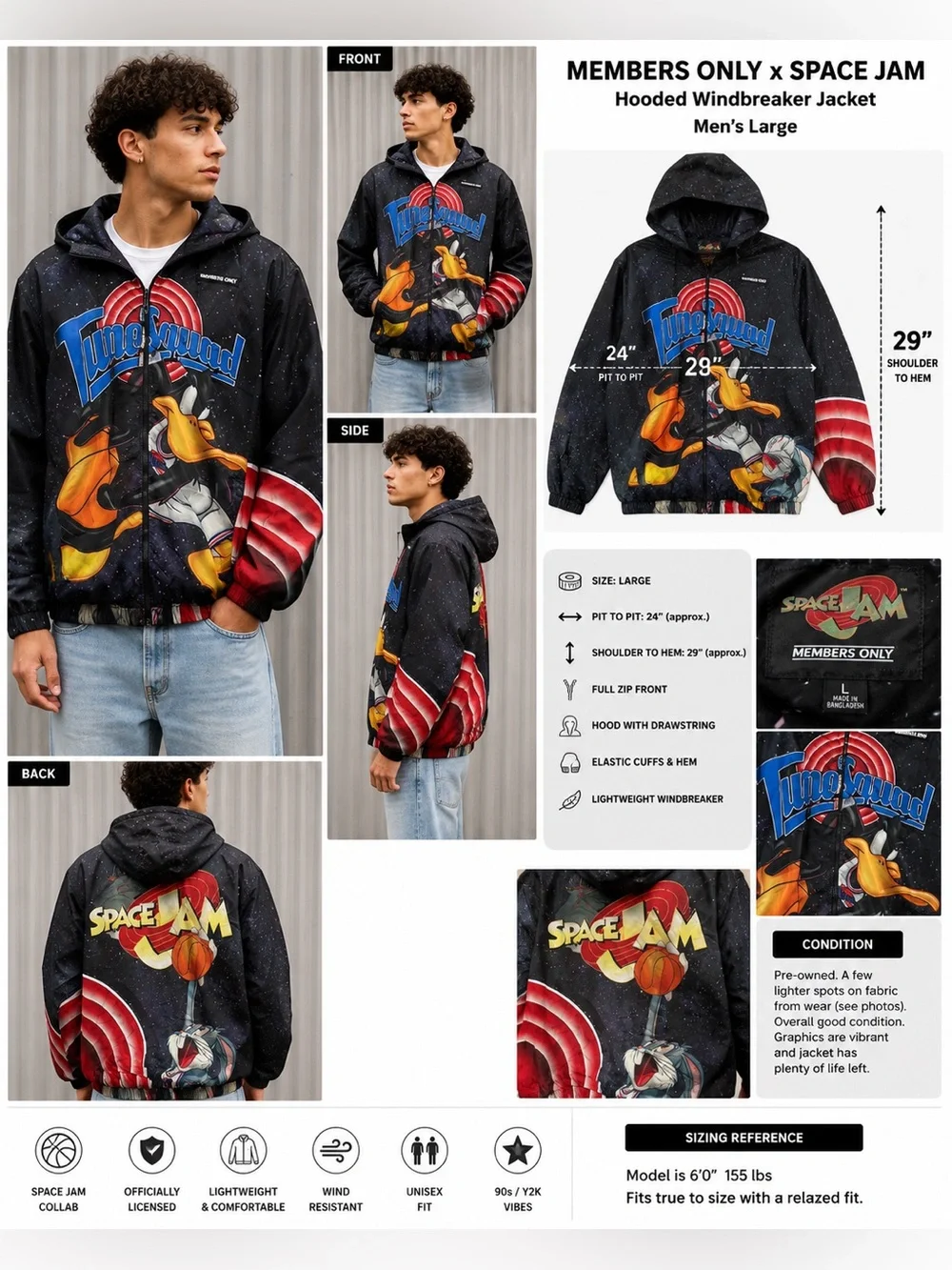 Members Only x Space Jam Hooded Jacket Men's Large All Over Print Y2k Streetwear